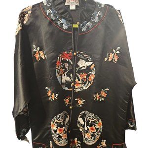 Silk Embroidered Black Floral Birds Jacket 3/4 Sleeve Side Slits DUNHUANG XL